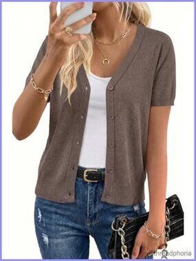 Wool Blend Cardigan Short Sleeve V-Neck Button Up Business Casual Sweater